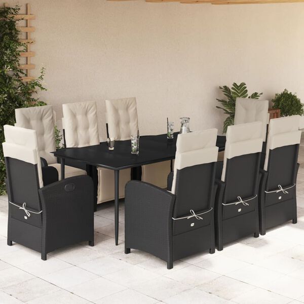 vidaXL 9-tlg. Garten-Essgruppe mit Kissen Schwarz Poly Rattan