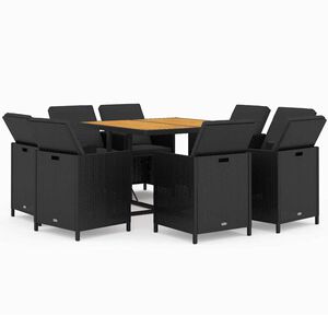 vidaXL 9-tlg. Garten-Essgruppe mit Kissen Poly Rattan Schwarz