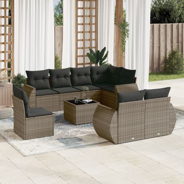 vidaXL 9-tlg. Garten-Sofagarnitur mit Kissen Grau Poly Rattan