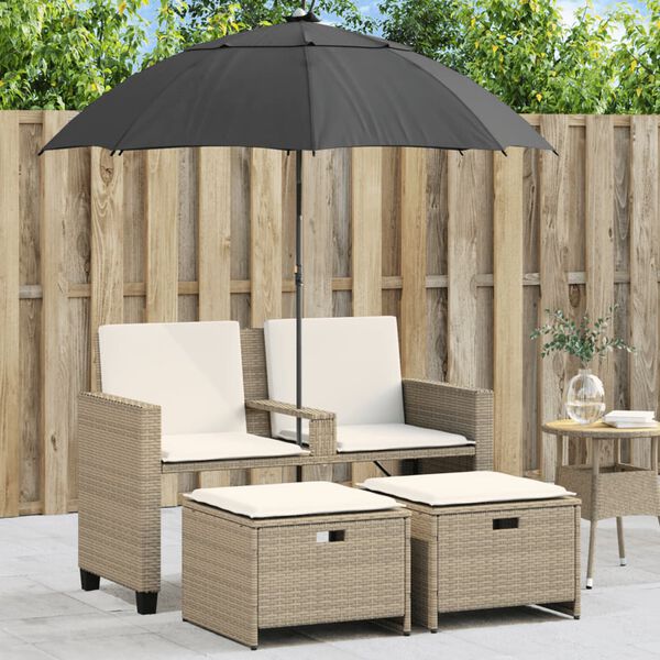 vidaXL Gartensofa 2-Sitzer Sonnenschirm und Hocker Beige Poly-Rattan