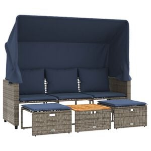 vidaXL Gartensofa 3-Sitzer mit Baldachin und Hockern Grau Poly Rattan