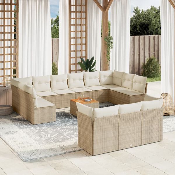 vidaXL 14-tlg. Garten-Sofagarnitur mit Kissen Beige Poly Rattan