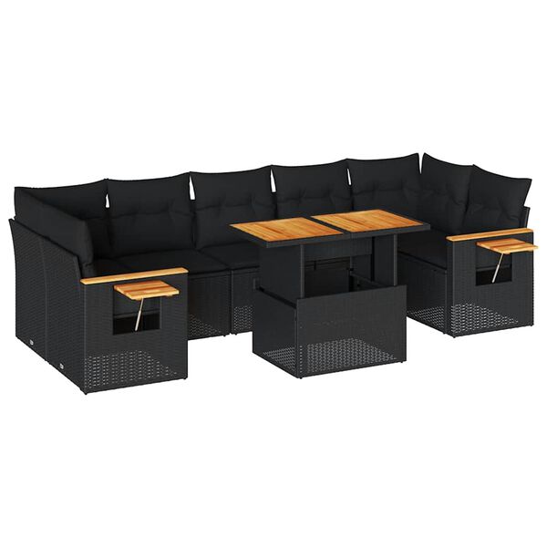 vidaXL 8-tlg. Garten-Sofagarnitur mit Kissen Schwarz Poly Rattan