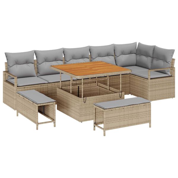 vidaXL Garten-Sofa-Set mit Kissen 9 pcs Beige Poly Rattan