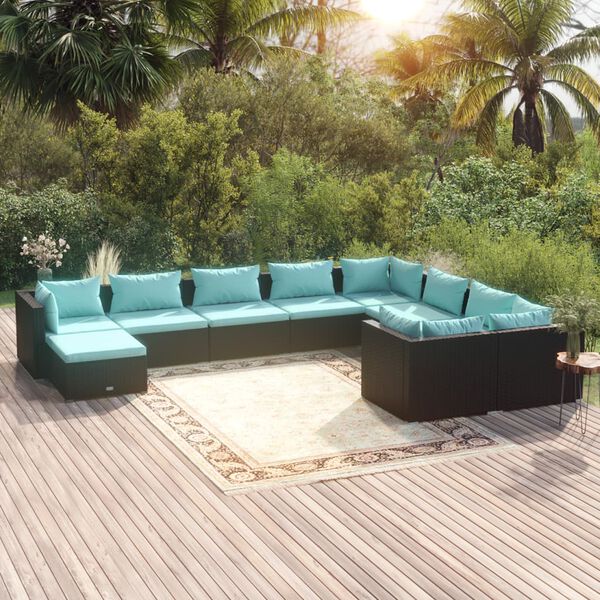 vidaXL 10-tlg. Garten-Lounge-Set mit Kissen Poly Rattan Schwarz