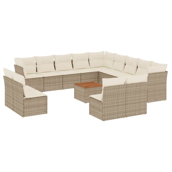 vidaXL 14-tlg. Garten-Sofagarnitur mit Kissen Beige Poly Rattan