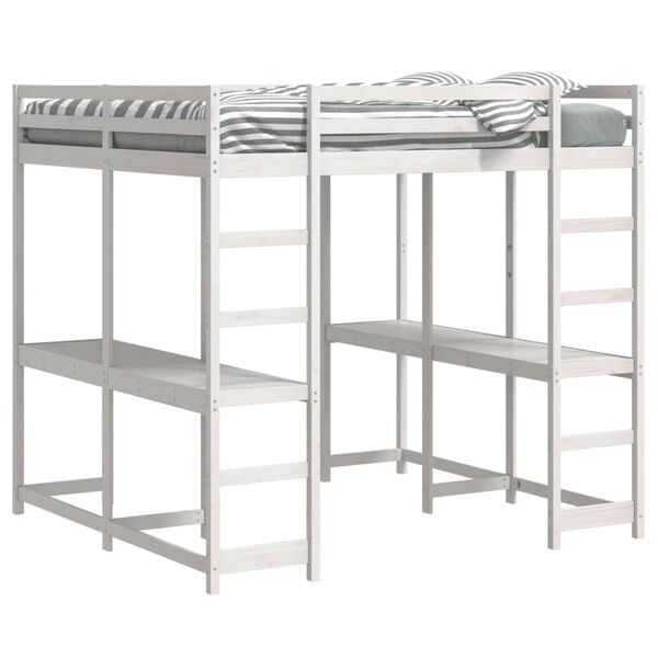 vidaXL Hochbett mit Schreibtisch & Leiter Weiß 140x200 cm Kiefernholz