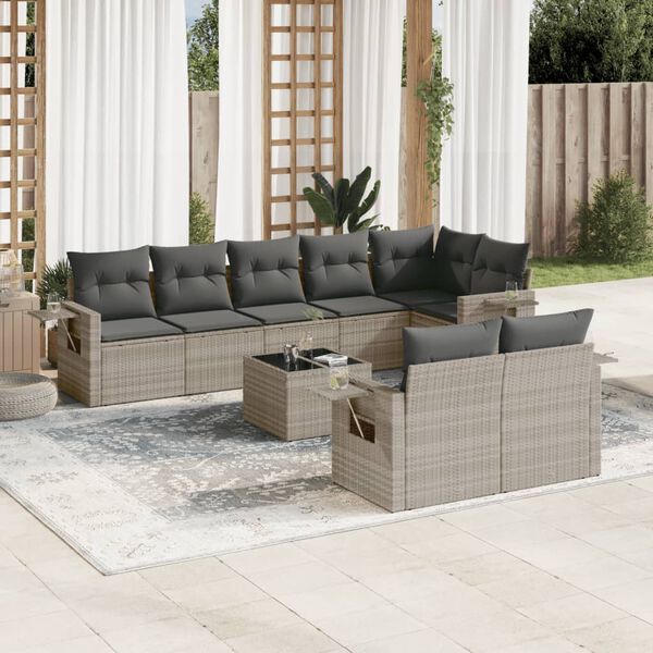 vidaXL 9-tlg. Garten-Sofagarnitur mit Kissen Hellgrau Poly Rattan