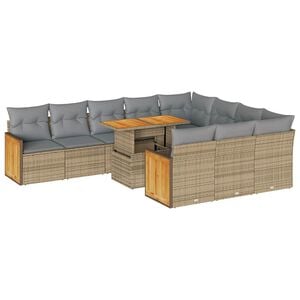 vidaXL 11-tlg. Garten-Sofagarnitur mit Kissen Beige Poly Rattan Akazie