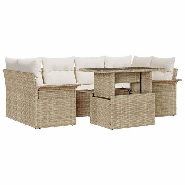 vidaXL Gartensofa-set mit Kissen mit Speicher 7 pcs Beige Poly Rattan