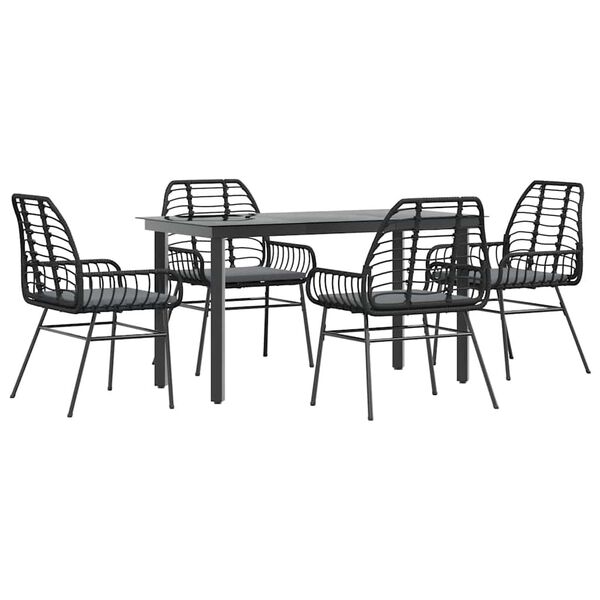 vidaXL 5-tlg. Garten-Essgruppe mit Kissen Schwarz Poly Rattan Glas