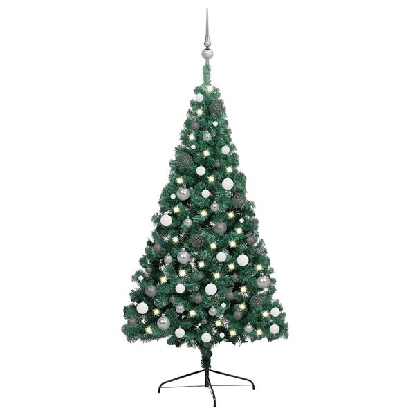 vidaXL K&uuml;nstlicher Halb-Weihnachtsbaum Beleuchtung Kugeln Gr&uuml;n 240 cm