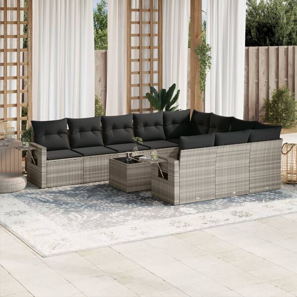vidaXL 11-tlg. Garten-Sofagarnitur mit Kissen Hellgrau Poly Rattan