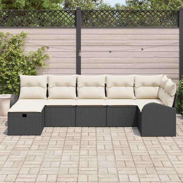 vidaXL Sofa Set mit Kissen 7 pcs Schwarz und Creme Poly-Rattan