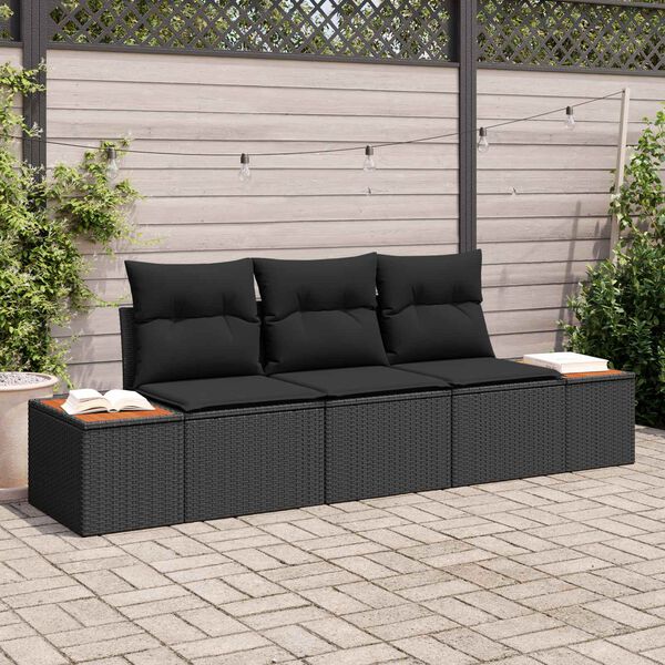 vidaXL Garten-Sofa-Set mit Kissen 3 pcs Schwarz Poly Rattan
