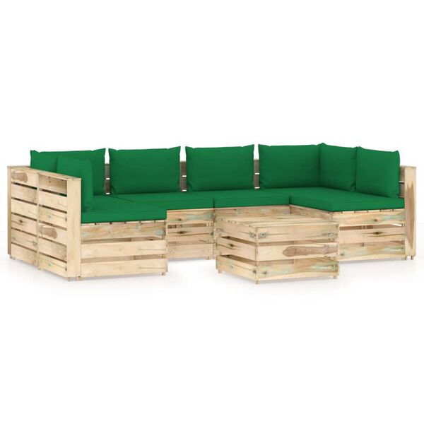 vidaXL 7-tlg. Garten-Lounge-Set mit Kissen Gr&uuml;n Impr&auml;gniertes Holz