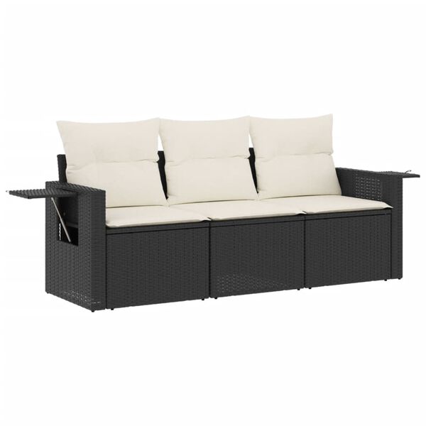 vidaXL 3-tlg. Garten-Sofagarnitur mit Kissen Schwarz Poly Rattan