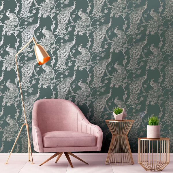 DUTCH WALLCOVERINGS Tapete Pfauen-Motiv Gr&uuml;n und Silbern