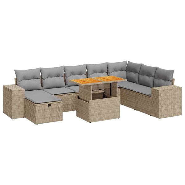 vidaXL 9-tlg. Garten-Sofagarnitur mit Kissen Beige Poly Rattan Akazie