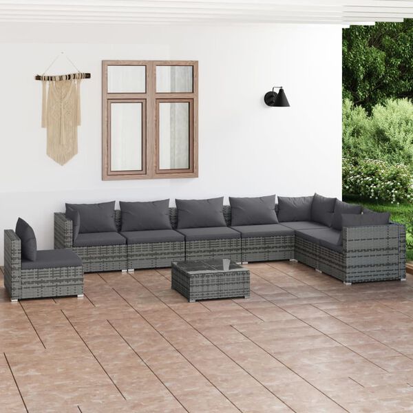 vidaXL 9-tlg. Garten-Lounge-Set mit Kissen Poly Rattan Grau