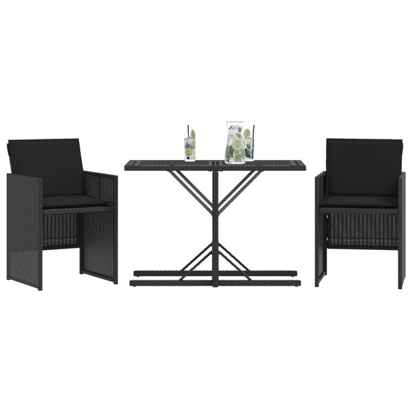 vidaXL 3-tlg. Bistro-Set mit Kissen Schwarz Poly Rattan