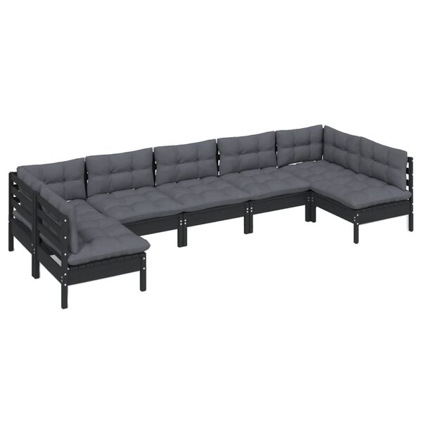vidaXL 7-tlg. Garten-Lounge-Set mit Kissen Schwarz Massivholz Kiefer