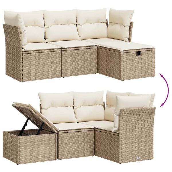 vidaXL 4-tlg. Garten-Sofagarnitur mit Kissen Beige Poly Rattan