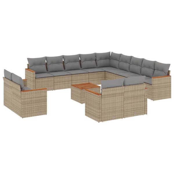vidaXL 14-tlg. Garten-Sofagarnitur mit Kissen Beige Poly Rattan