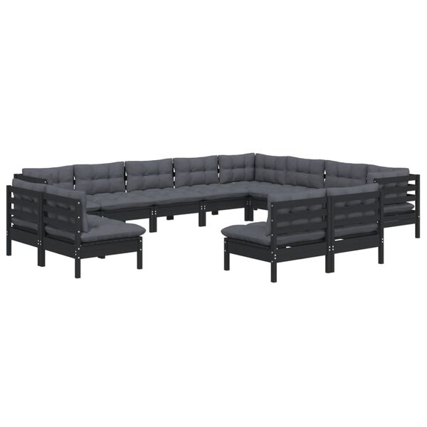 vidaXL 12-tlg. Garten-Lounge-Set mit Kissen Schwarz Massivholz Kiefer