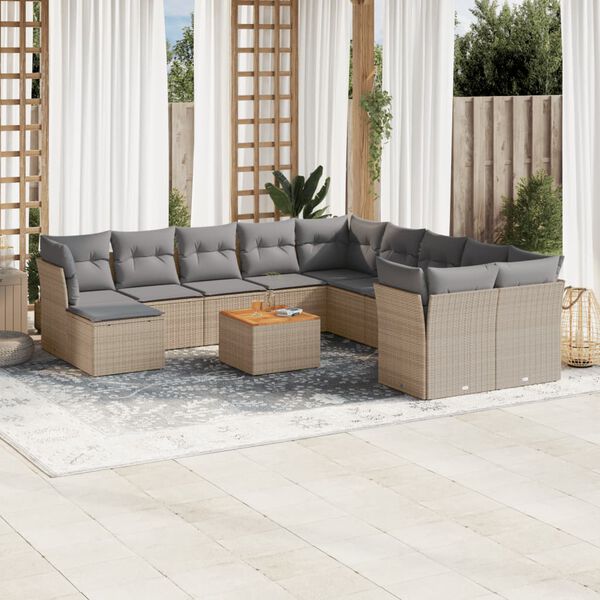 vidaXL 12-tlg. Garten-Sofagarnitur mit Kissen Beige Poly Rattan