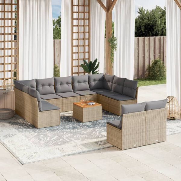 vidaXL 12-tlg. Garten-Sofagarnitur mit Kissen Beige Poly Rattan