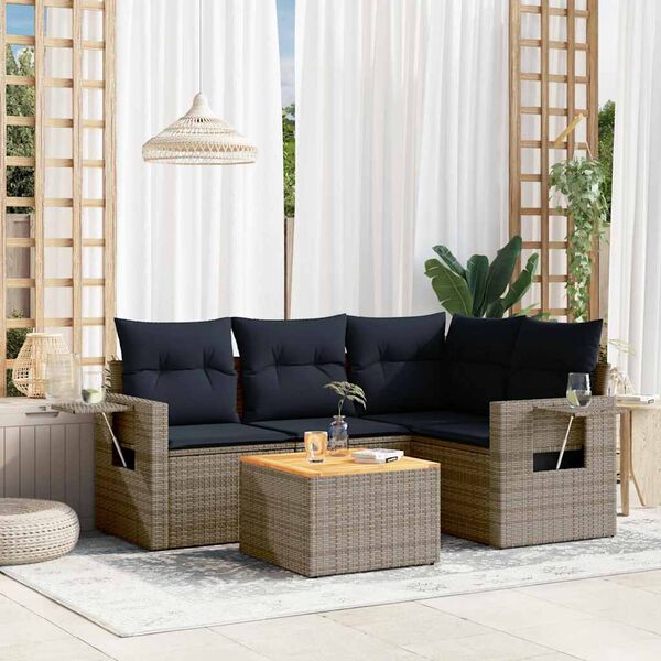 vidaXL 5-teiliges Gartensofa-Set mit Kissen, grau, Polyrattan