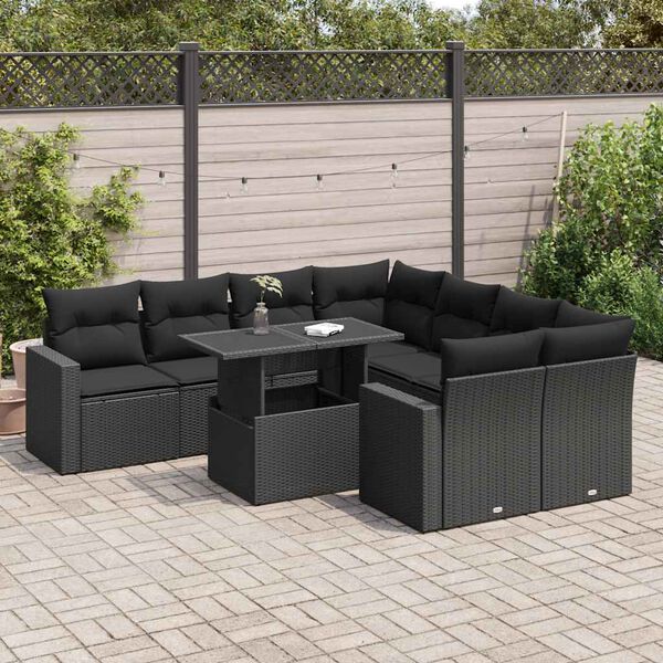 vidaXL 9-tlg. Garten-Sofagarnitur mit Kissen Schwarz Poly Rattan