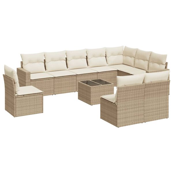 vidaXL 11-tlg. Garten-Sofagarnitur mit Kissen Beige Poly Rattan