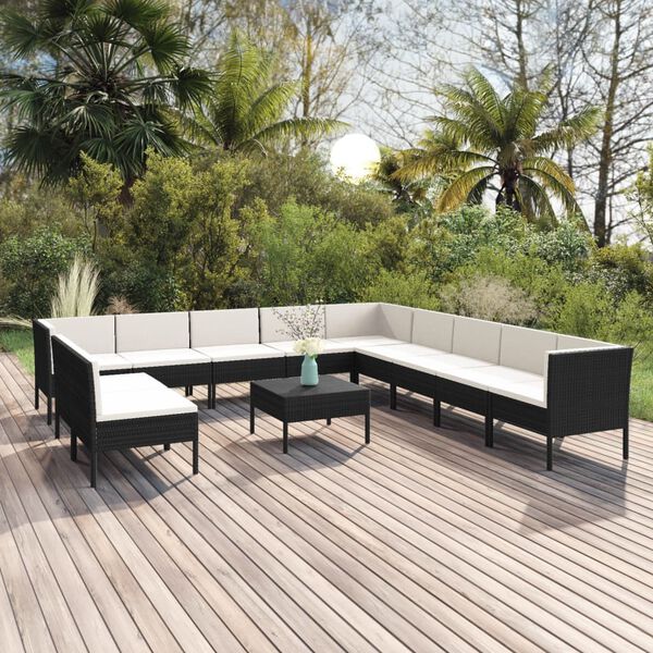 vidaXL 12-tlg. Garten-Lounge-Set mit Auflagen Poly Rattan Schwarz