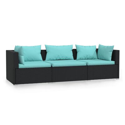 vidaXL 3-Sitzer-Sofa mit Auflagen Schwarz Poly Rattan