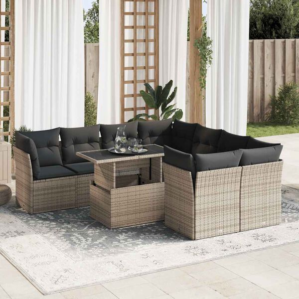 vidaXL 9-tlg. Garten-Sofagarnitur mit Kissen Grau Poly Rattan
