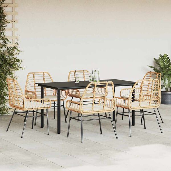 vidaXL 7-tlg. Garten-Essgruppe mit Kissen Braun Poly Rattan Glas