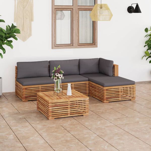 vidaXL 5-tlg. Garten-Lounge-Set mit Dunkelgrauen Kissen Teakholz