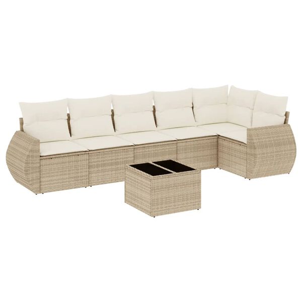vidaXL 7-tlg. Garten-Sofagarnitur mit Kissen Beige Poly Rattan