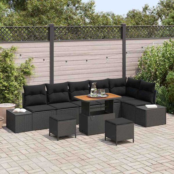 vidaXL Gartensofa-set mit Kissen 9 pcs Schwarz Poly Rattan