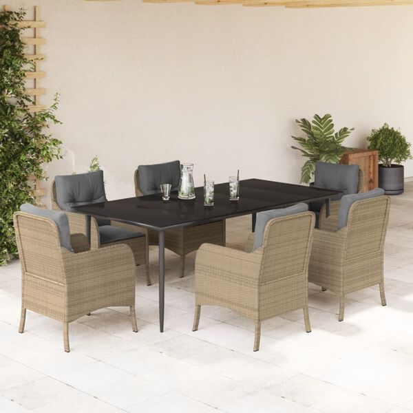 vidaXL 7-tlg. Garten-Essgruppe mit Kissen Beige Poly Rattan