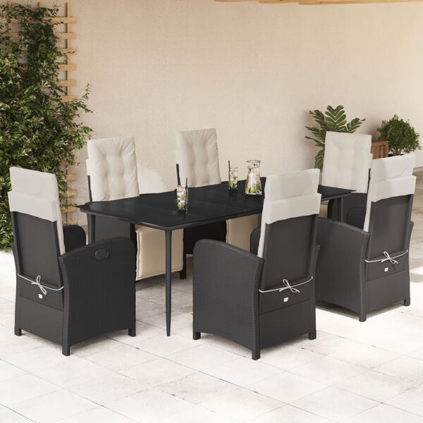vidaXL 7-tlg. Garten-Essgruppe mit Kissen Schwarz Poly Rattan