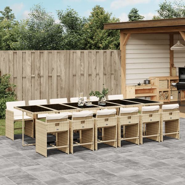 vidaXL 13-tlg. Garten-Essgruppe mit Kissen Beige Poly Rattan