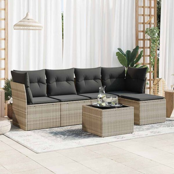 vidaXL 6-tlg. Garten-Sofagarnitur mit Kissen Hellgrau Poly Rattan