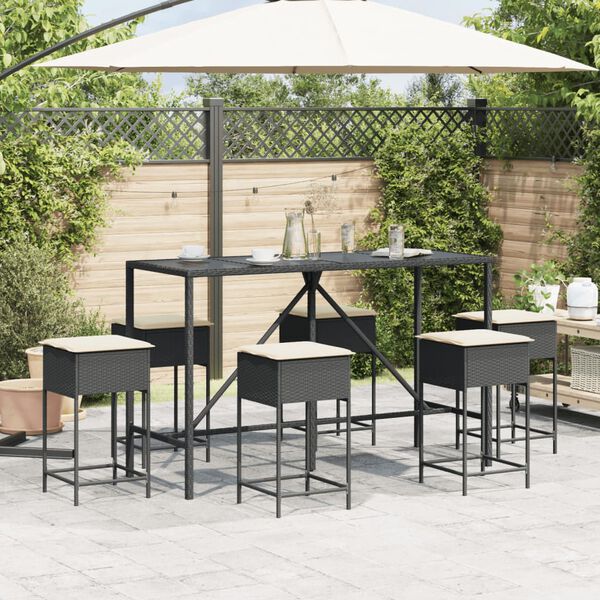 vidaXL 7-tlg. Gartenbar-Set mit Kissen Schwarz Poly Rattan