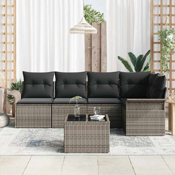 vidaXL Garten-Sofa-Set mit Kissen mit Speicher 6 pcs Grau Poly Rattan