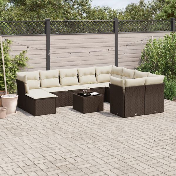 vidaXL 11-tlg. Garten-Sofagarnitur mit Kissen Braun Poly Rattan