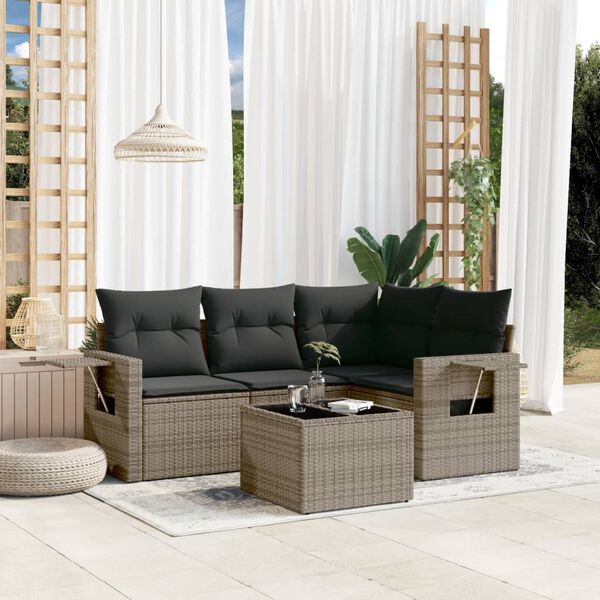 vidaXL 5-tlg. Garten-Sofagarnitur mit Kissen Grau Poly Rattan