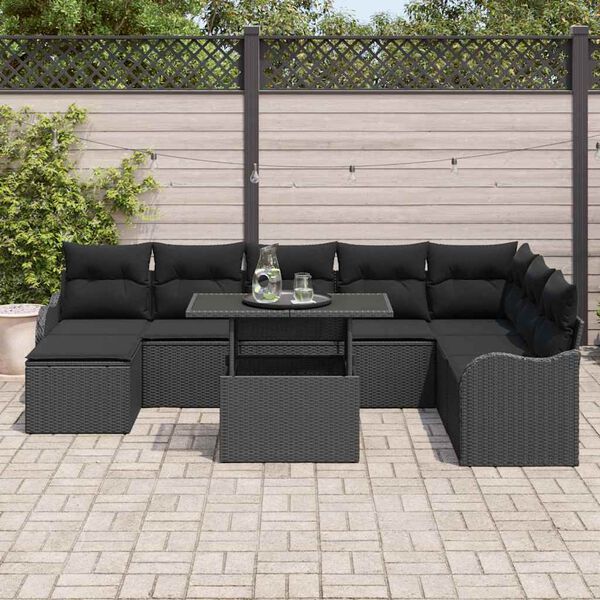 vidaXL Garten-Sofa-Set mit Kissen 9 pcs Schwarz Poly Rattan